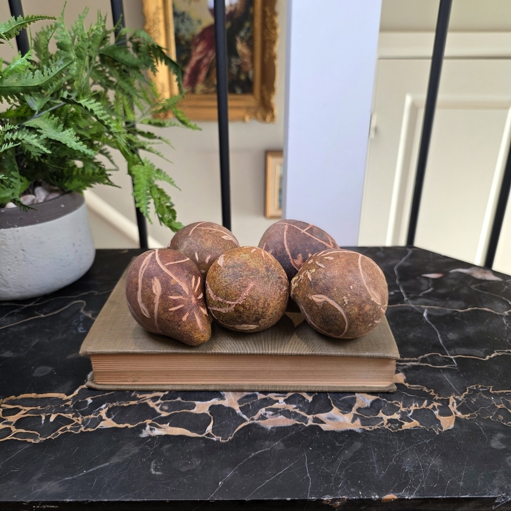 Set of 5 Natural Carved Decorative Spheres - Rustic Boho Bowl Filler Orbs
